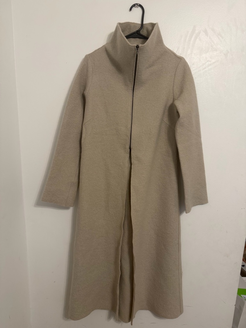 Long Cream Open Front Wool Coat - Picture 3 of 6